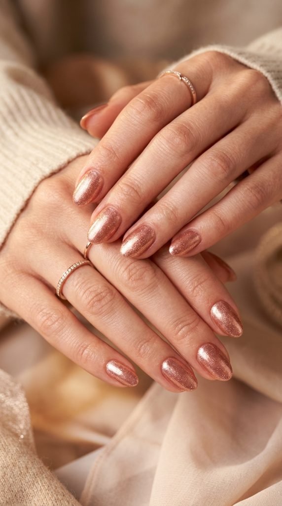 Rose gold nails with subtle luminous shimmer effect