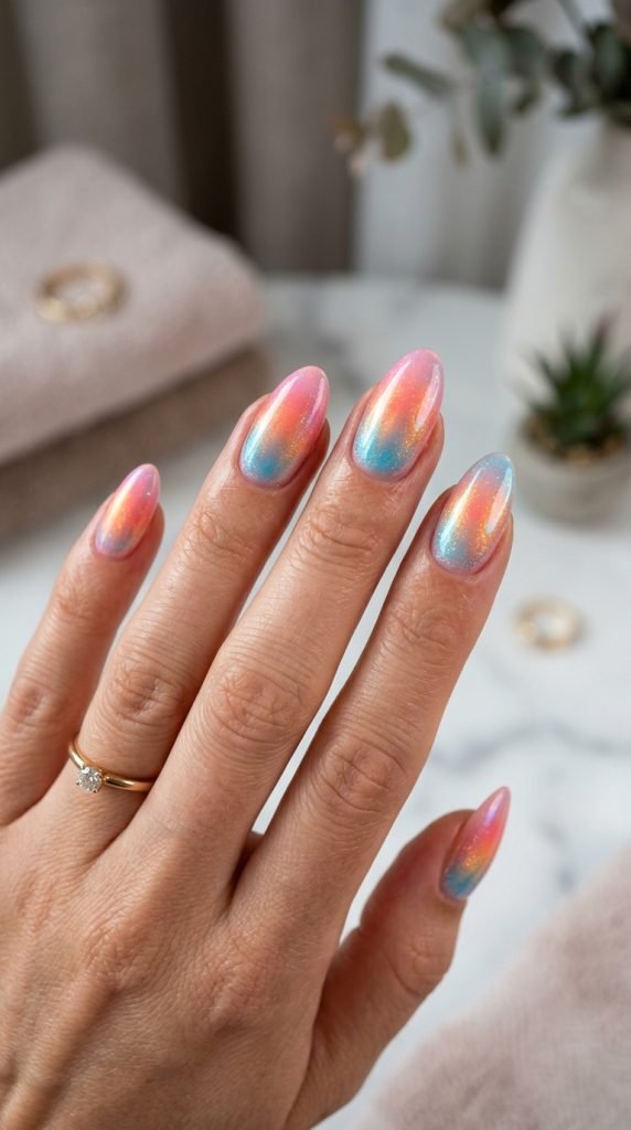 Gel aura nails with dimensional halo gradient glow effect