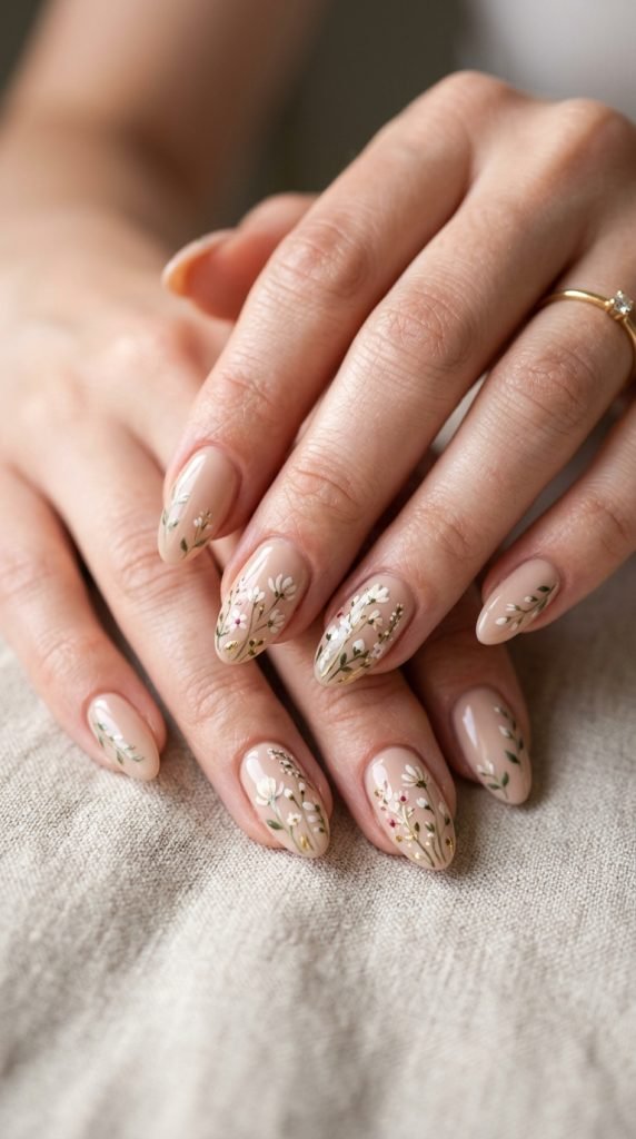 Nude gel nails with delicate hand-painted floral designs
