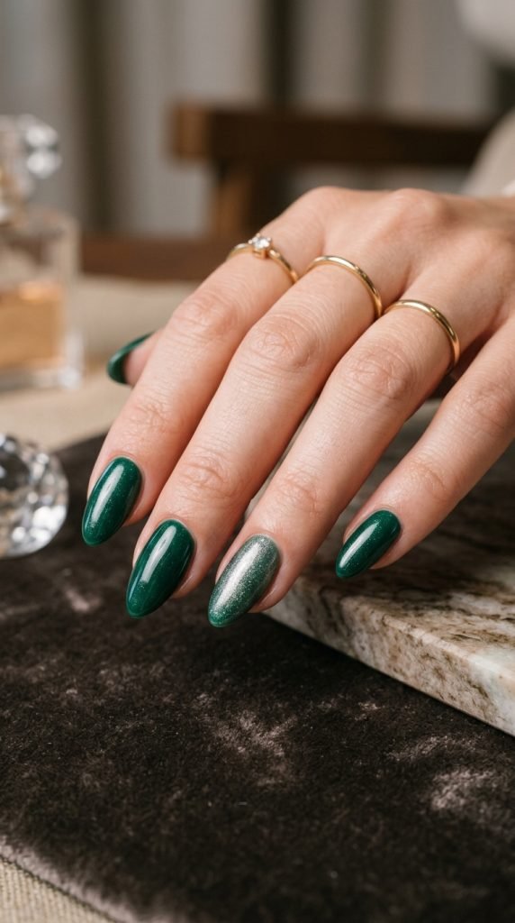 Deep emerald gel nails with pearl dusting luxury effect