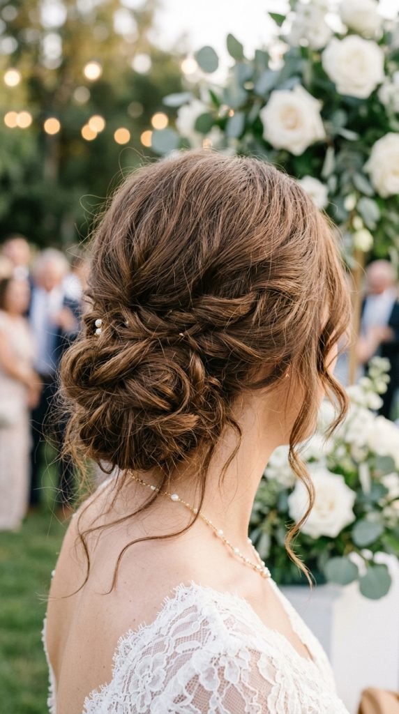 Undone chignon hairstyle with intentional flyaways and lived-in sophisticated elegance