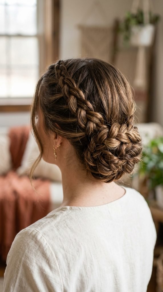 Intricate Dutch braid flowing into romantic twisted bun hairstyle