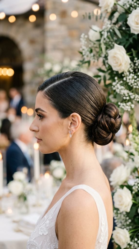 Geometric space-parted sleek bun hairstyle with editorial modern composition