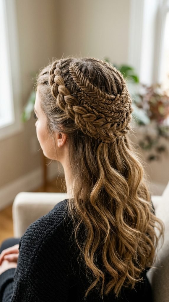 Braided fake-out updo hairstyle with clever crown braiding technique