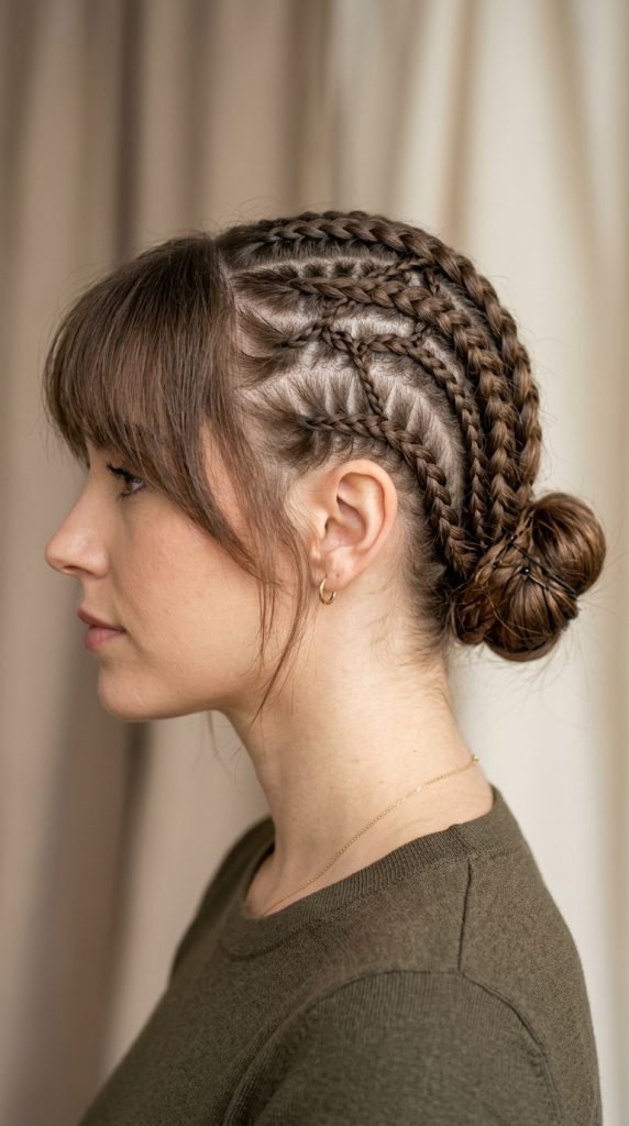 Artistic negative space braided hairstyle with minimalist bun