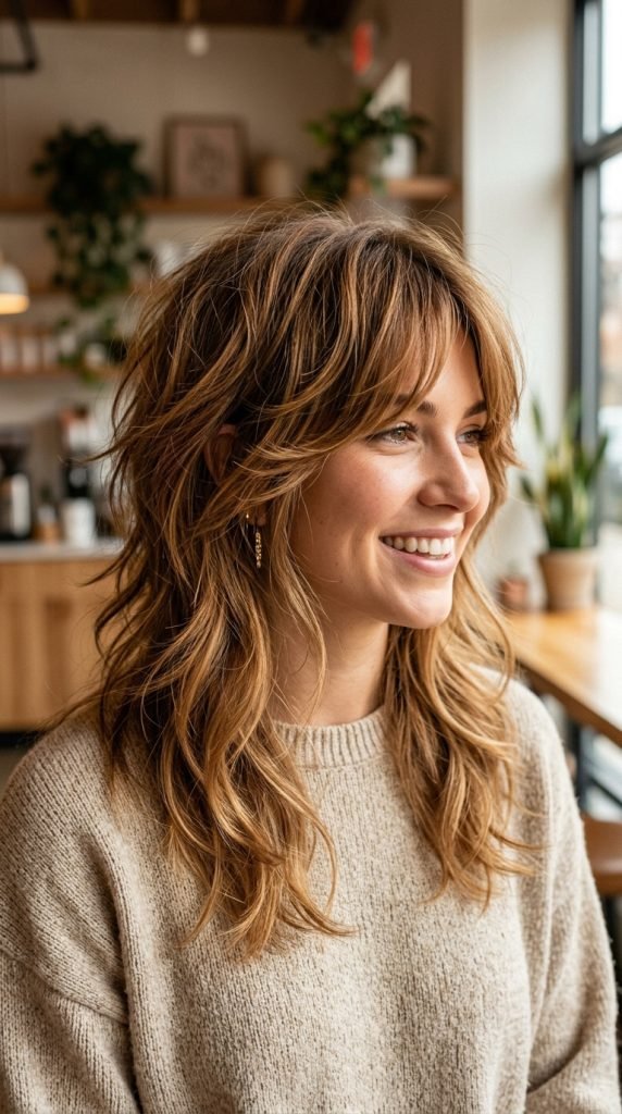 Soft feathered shag hairstyle with modern 2026 texture and movement throughout layers