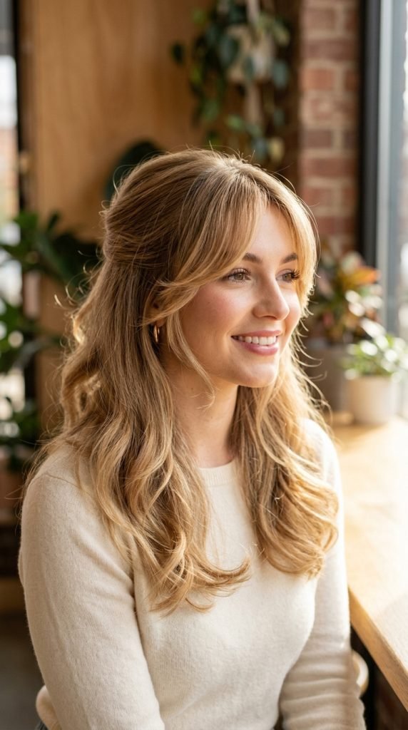 Soft curtain bangs with layered face-framing hairstyle creating romantic movement