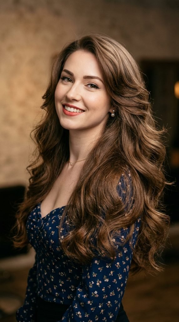 Long feathered layers hairstyle creating flowing movement and soft dimension throughout length