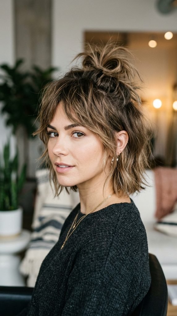 Bixie hybrid haircut combining bob and pixie elements with choppy layered texture