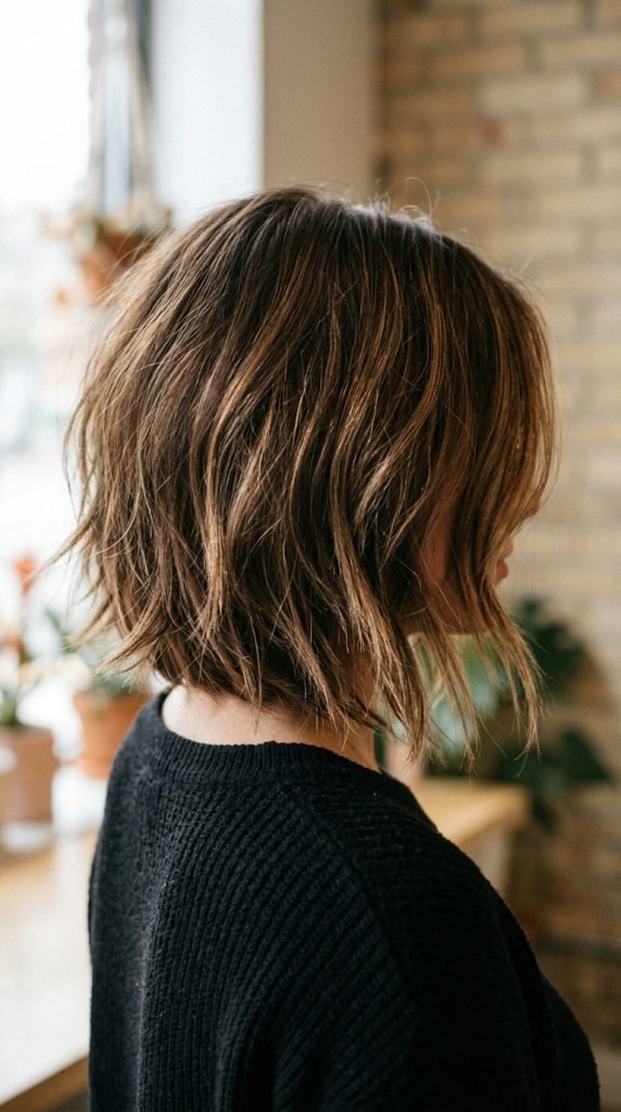 Textured choppy medium bob with distributed layers creating lived-in personality