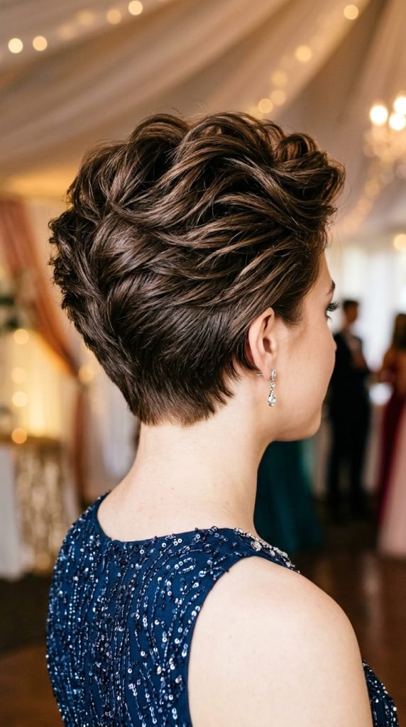 Graduated short layered haircut with concentrated crown volume and tapered graduation