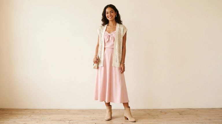 Seasonal cute outfit showing year-round styling across seasons