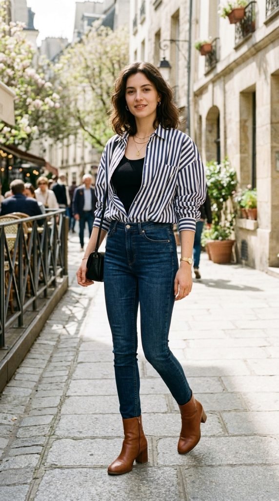 Oversized striped shirt with slim jeans and ankle boots creating classic