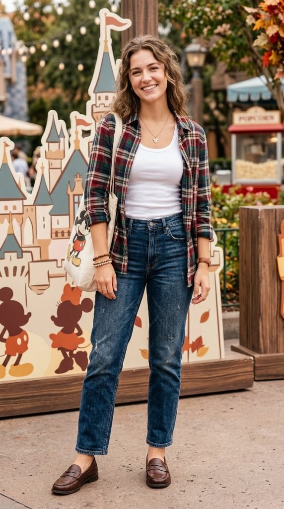 Plaid flannel with white tank and dark jeans