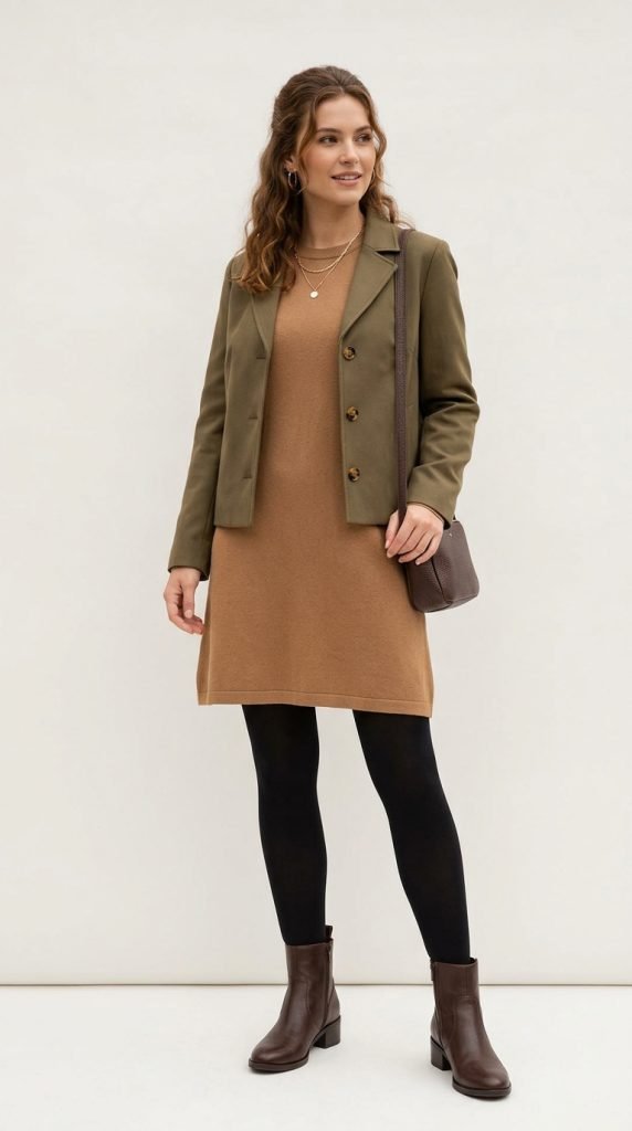 Neutral earth-toned dress with tights, boots, and structured jacket