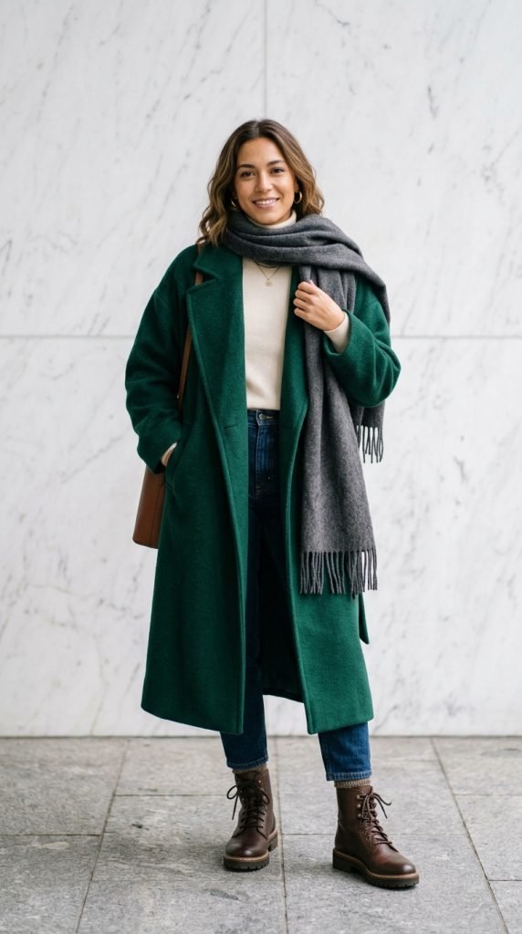 Oversized coat with simple layers and scarf creating wrapped warmth winter aesthetic