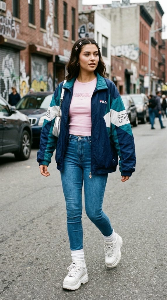 Y2K athleisure outfit with oversized track jacket, fitted baby tee, and slim jeans creating proportion contrast