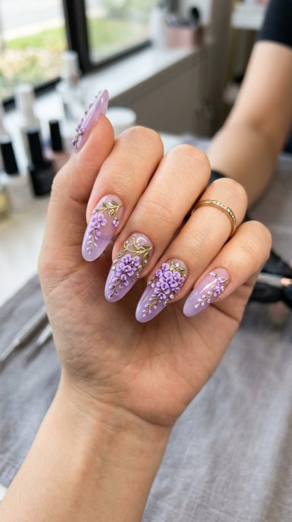 3D wisteria cascade nails with purple sculpted blooms hanging down transparent lavender base