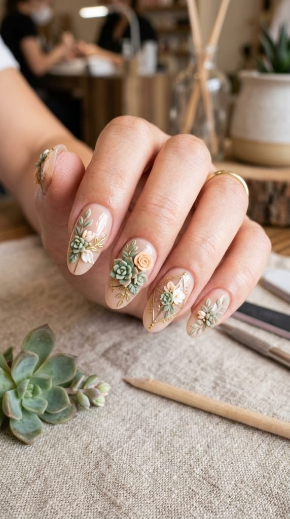 Mixed 3D succulent and flower nails combining hand-sculpted botanical elements in earthy tones