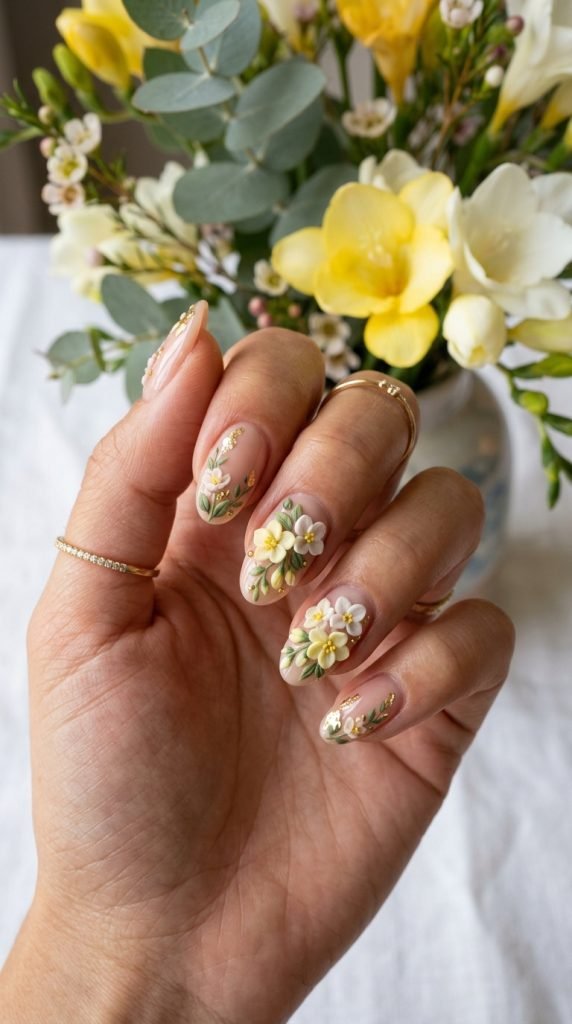 3D freesia flower nails with pale yellow and white hand-sculpted petals clustered together on nude base