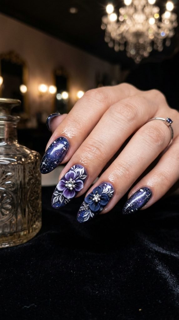 Night-blooming 3D flower nails with deep purple and blue sculpted petals with silver highlights creating moonlit effect