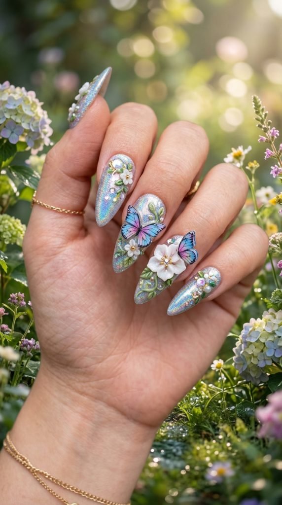 Fantasy 3D flower nails with hand-sculpted blooms and iridescent butterfly wings showing whimsical botanical design