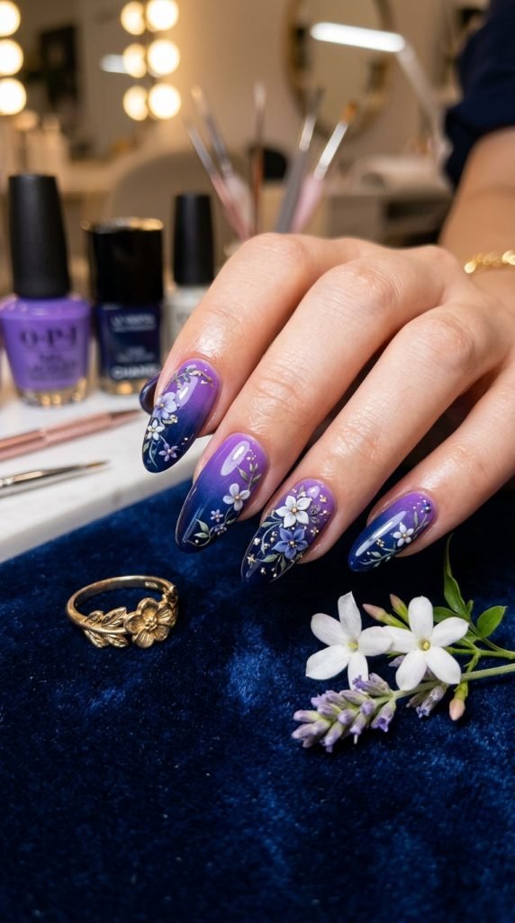 Nocturne garden 3D nails with ombre midnight blue to violet gradient covered in hand-sculpted night-blooming flowers