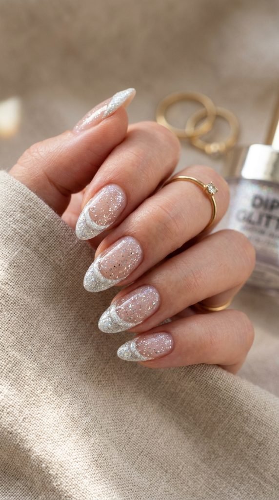Glittery dip nails with fine sparkle particles embedded in clear base