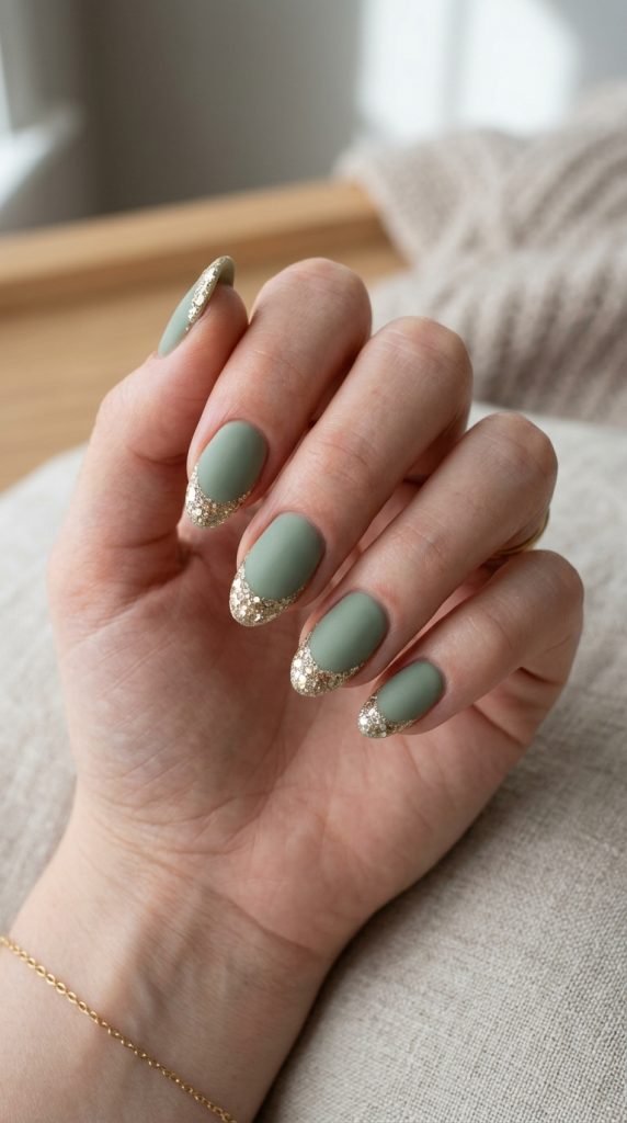 Sage green matte dip nails showing natural earthen tone and non-shine finish