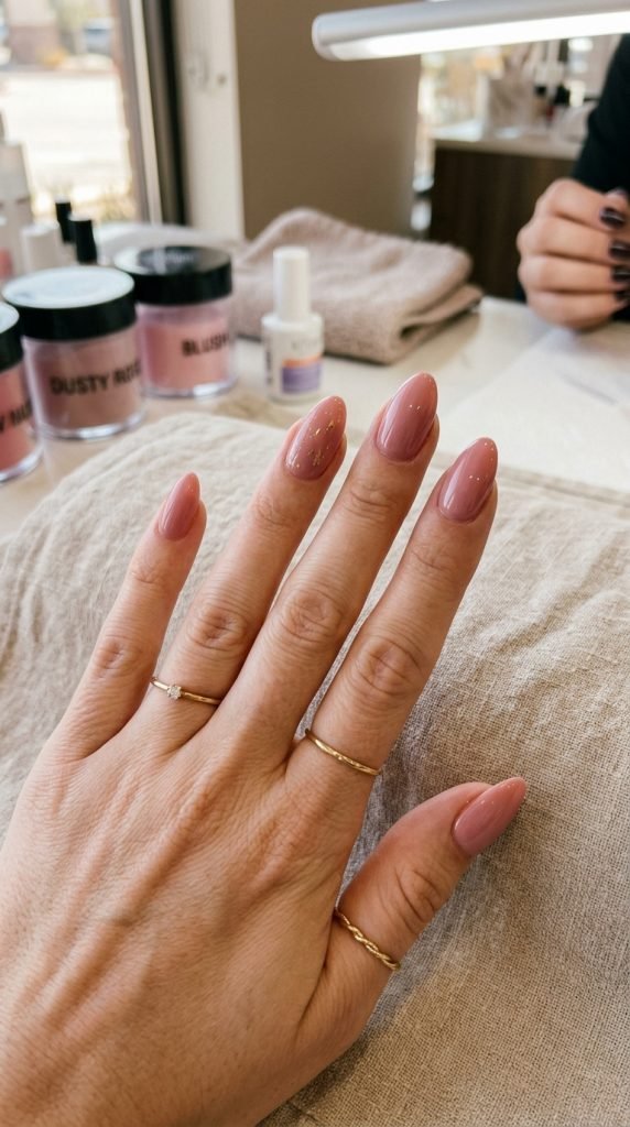 Dusty rose dip nails showing soft muted pink tone and romantic finish