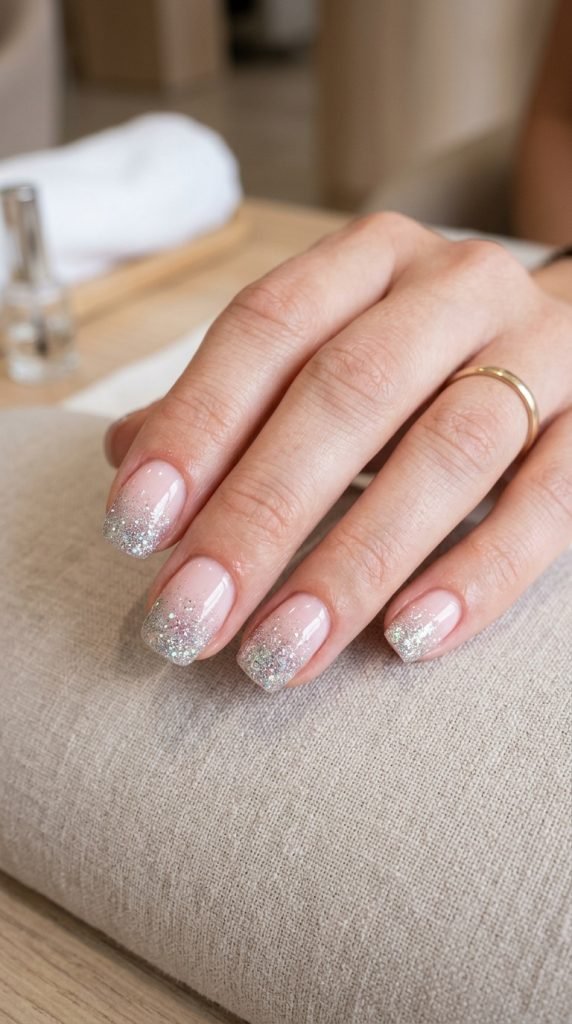 Blush pink dip nails with glitter tips showing two-tone gradient design