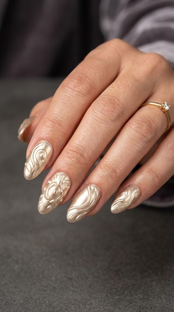 Champagne metallic dip nails with warm golden shimmer and luxurious finish