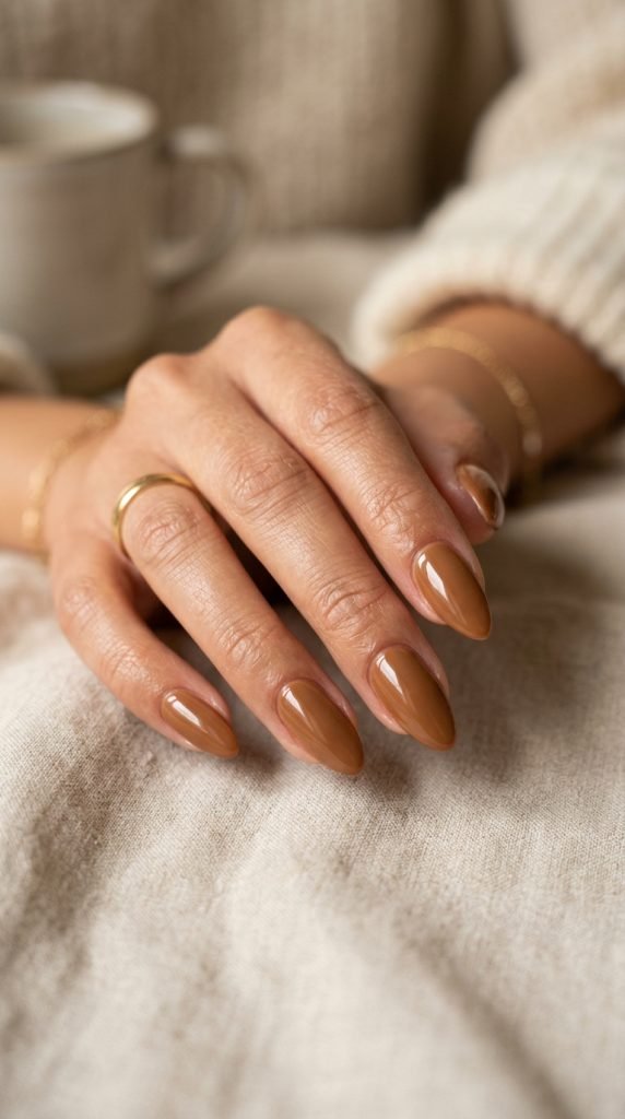 Caramel brown dip nails showing warm coffee tone and natural finish