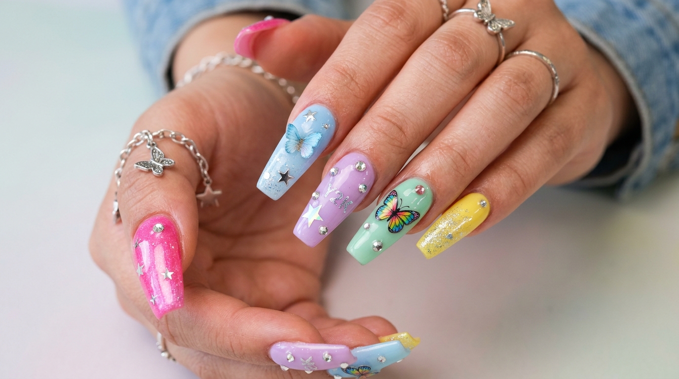 Bright Y2K nail art with butterflies, stars, chrome, and rhinestones