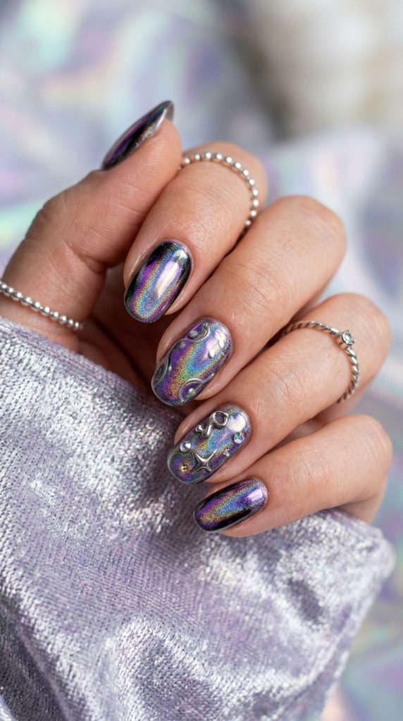 Y2K chrome nails with a silver mirror finish