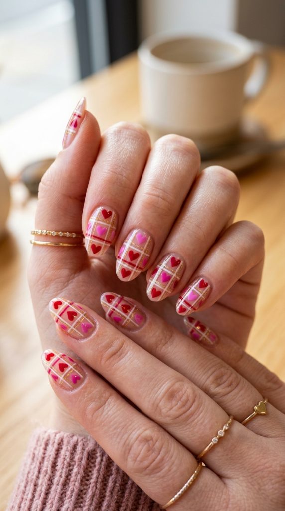 Y2K heart nails with small red and pink hearts