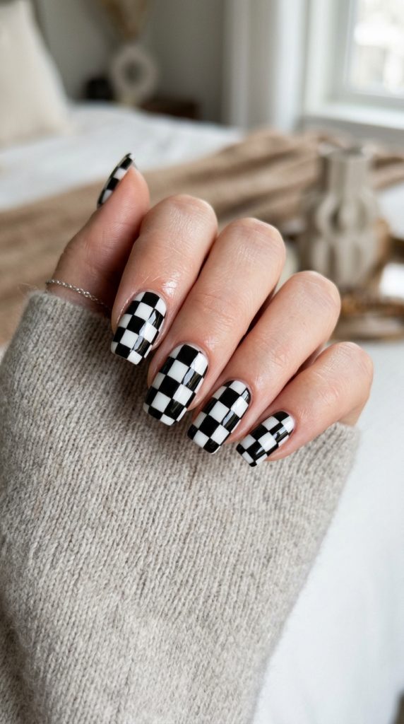 Y2K checkerboard nails in black and white