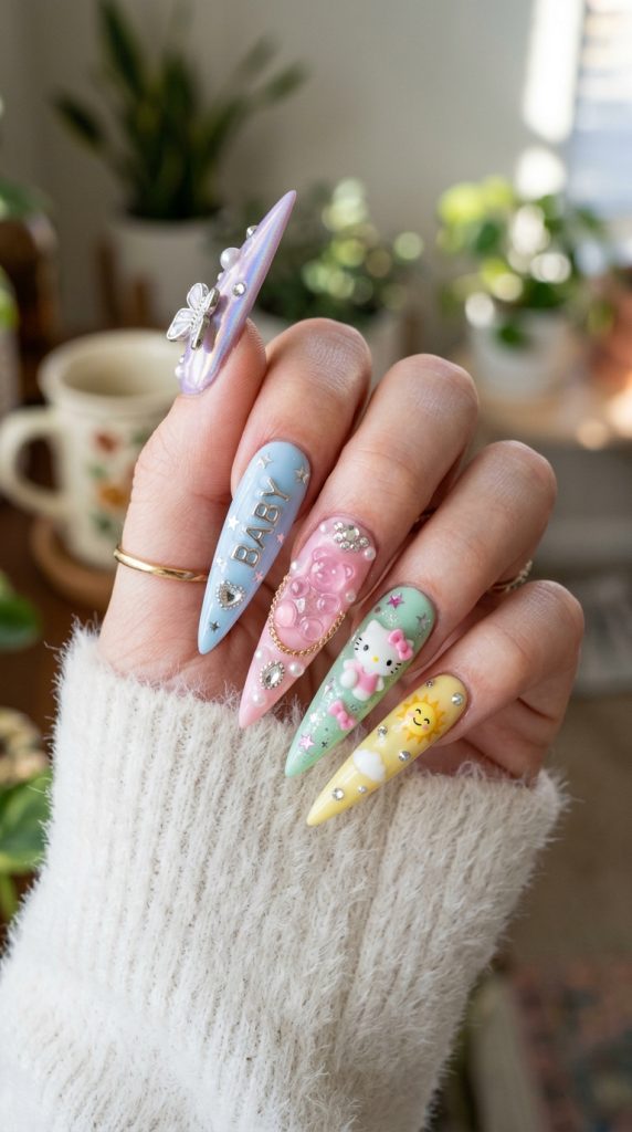 Long stiletto Y2K nails with bold colors and charms