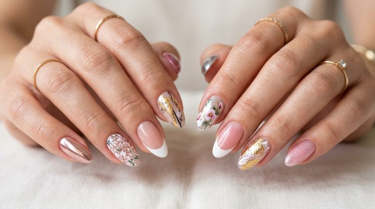 A variety of fingernail designs including French tips, florals, and chrome
