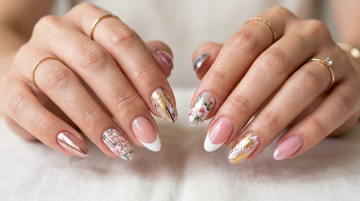 A variety of fingernail designs including French tips, florals, and chrome