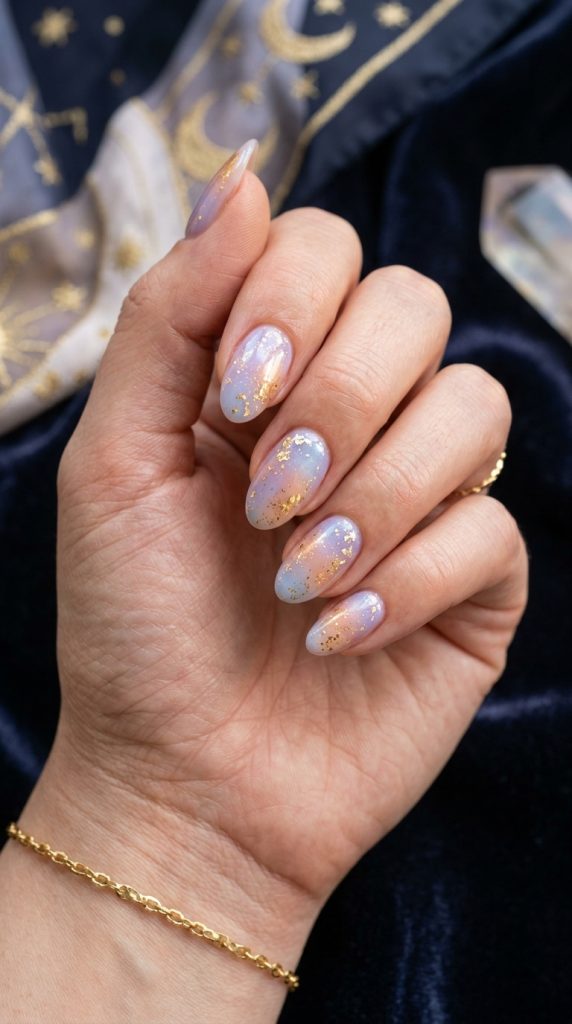 Gold-flake aura nails with delicate gold flakes