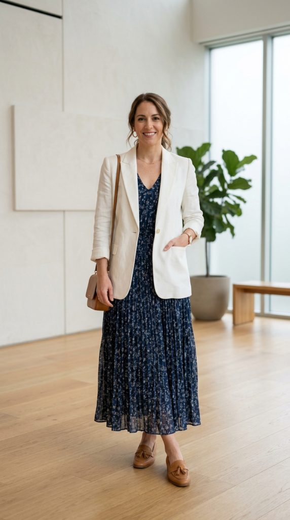Maxi dress layered with a tailored blazer and loafers