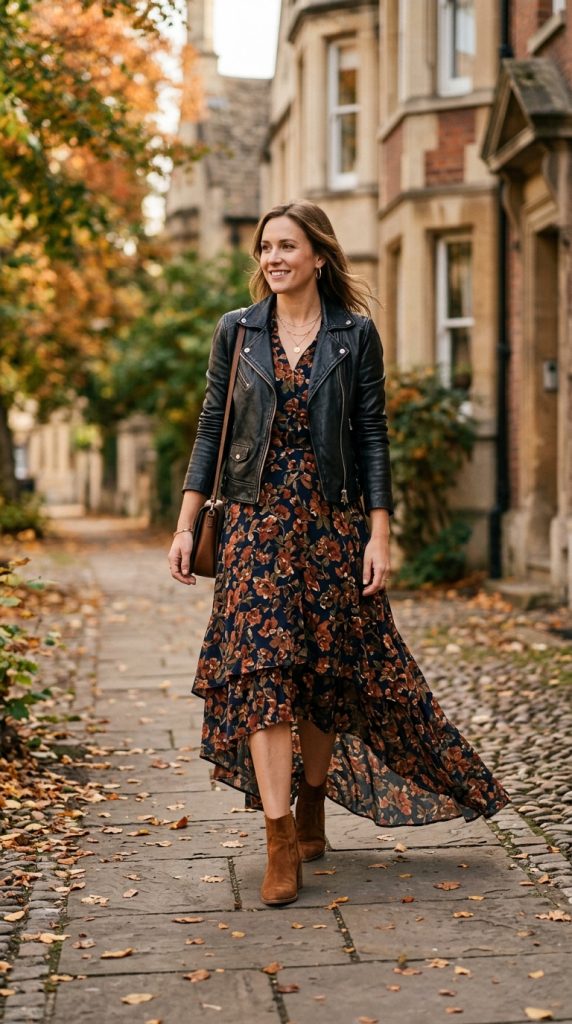 Floral maxi dress with ankle boots and a leather jacket