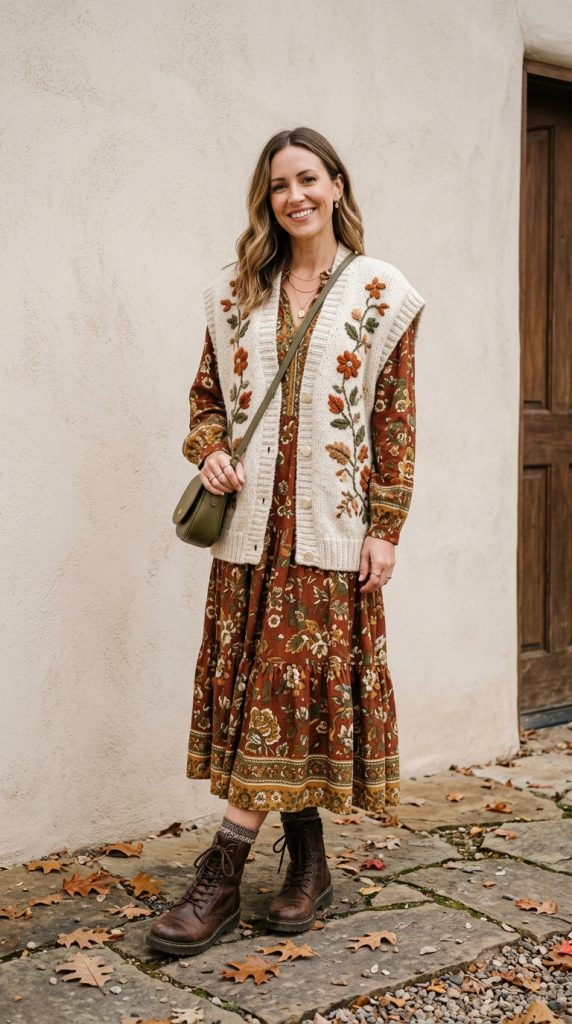 Maxi dress with an oversized cardigan and boots