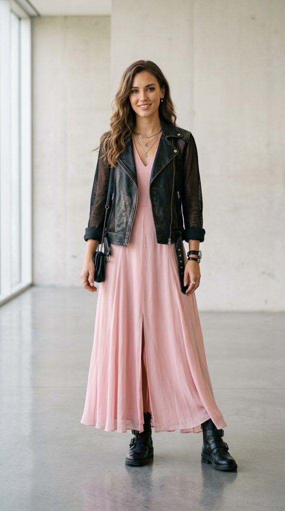  Floral maxi dress with a leather jacket and boots