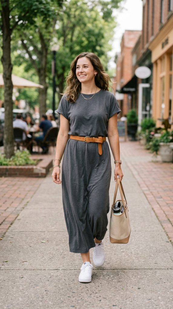 T-shirt maxi dress with white sneakers and a tote