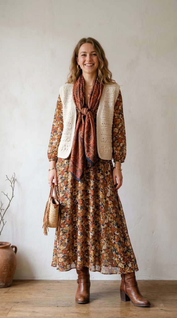 Maxi dress with boots, cardigan, and scarf