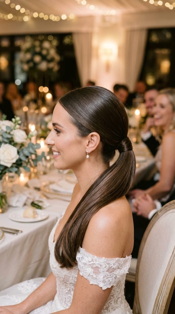 Sleek low side ponytail with polished, sophisticated finish