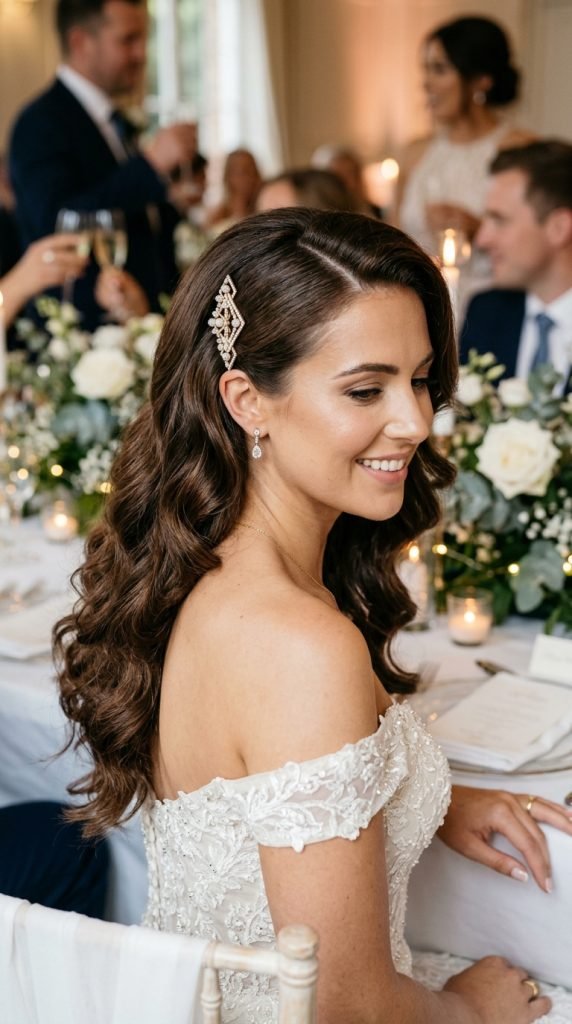 Glamorous side-swept Hollywood waves hairstyle with luxurious full-bodied movement