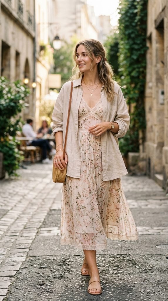 Delicate dress with oversized shirt and simple jewelry creating soft femininity